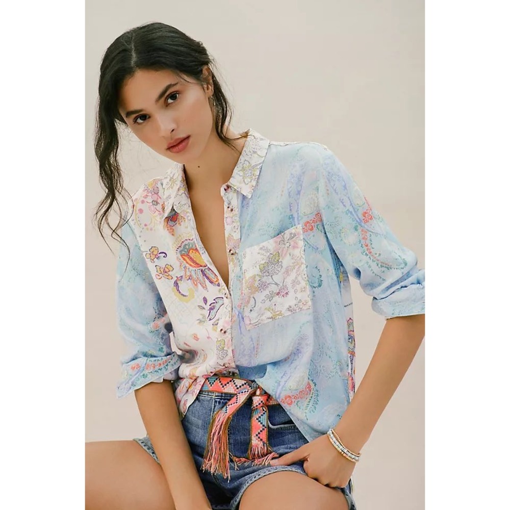 Anthropologie pilcro Floral Paisley Button Down Shirt Blue White Medium